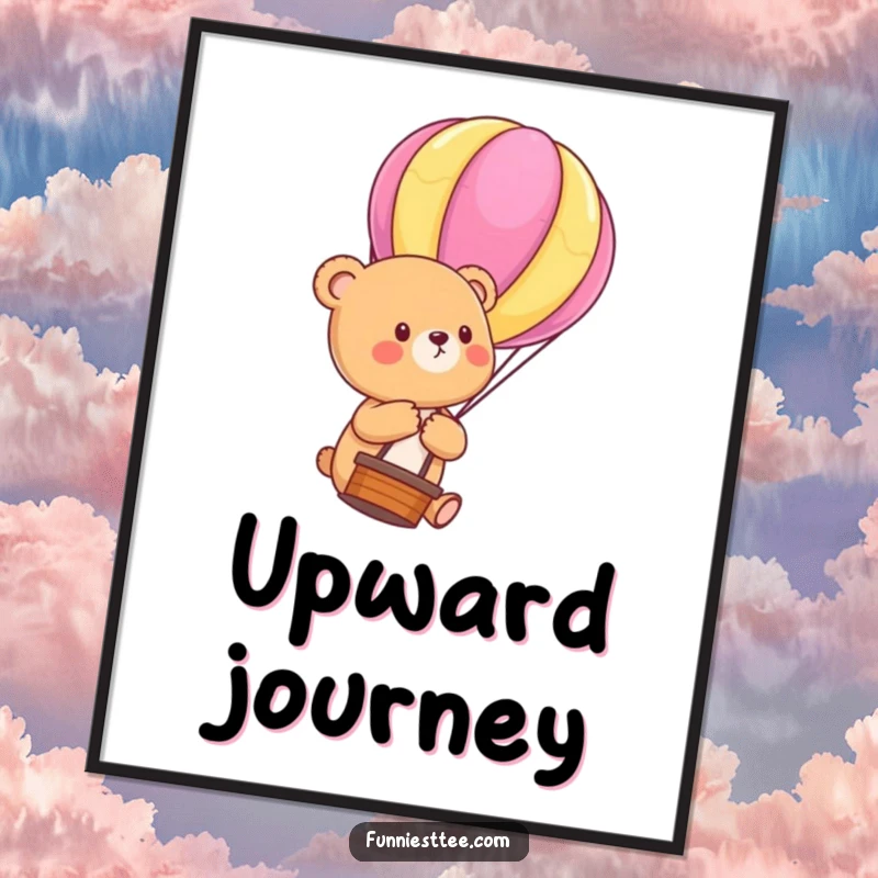 Funny Bear Cub Balloon Digital Art Print: High-resolution download of a cute bear cub floating upwards, holding a hot air balloon string, a funny digital decoration.