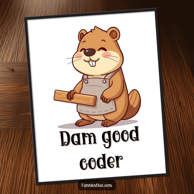 Funny beaver coder wearing an apron, constructing a website with wood planks, vibrant digital art print.