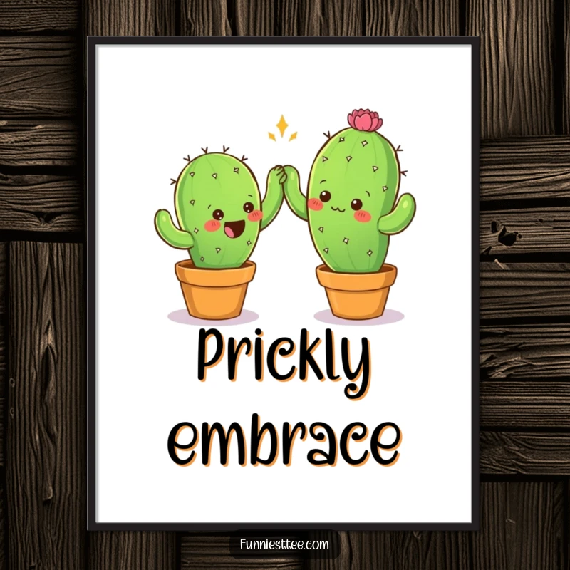 Funny digital art print of two prickly cactus characters cautiously attempting a high-five, capturing a comical and endearing desert friendship.