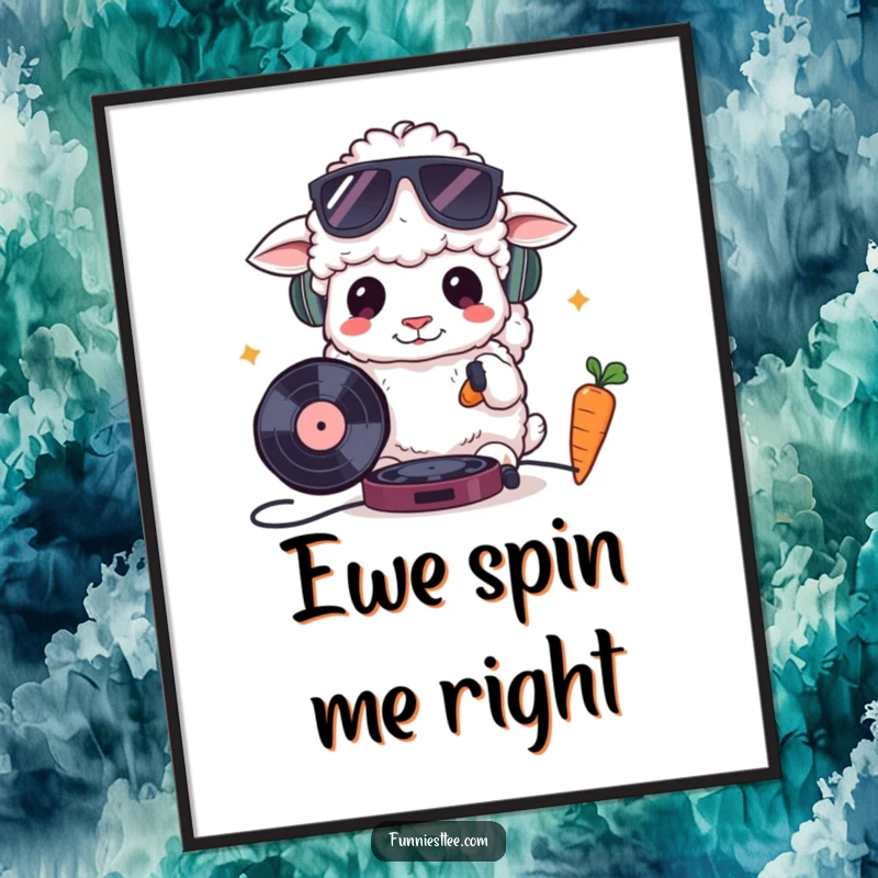 Funny digital art print of a fluffy sheep wearing sunglasses, cooly DJing with a record and carrot, a humorous and hip music illustration ready to print.