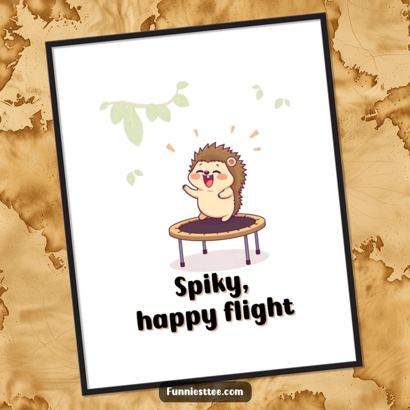 Funny digital art print capturing a giggling hedgehog soaring from a trampoline, perfect for adding whimsical, comedic flair.
