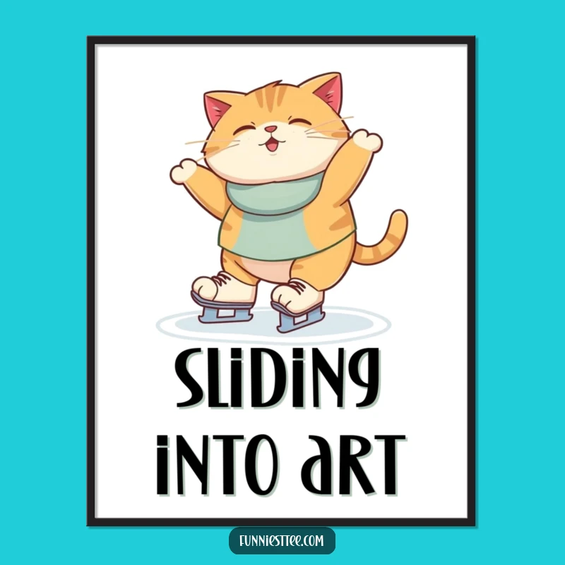 Funny Ice Skating Cat Digital Art - Hilarious Wobbling Feline Printable Gift