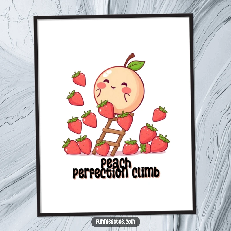 Funny digital art print of a blushing peach climbing a ladder made of strawberries, bringing sweet ambition and charm to any room.