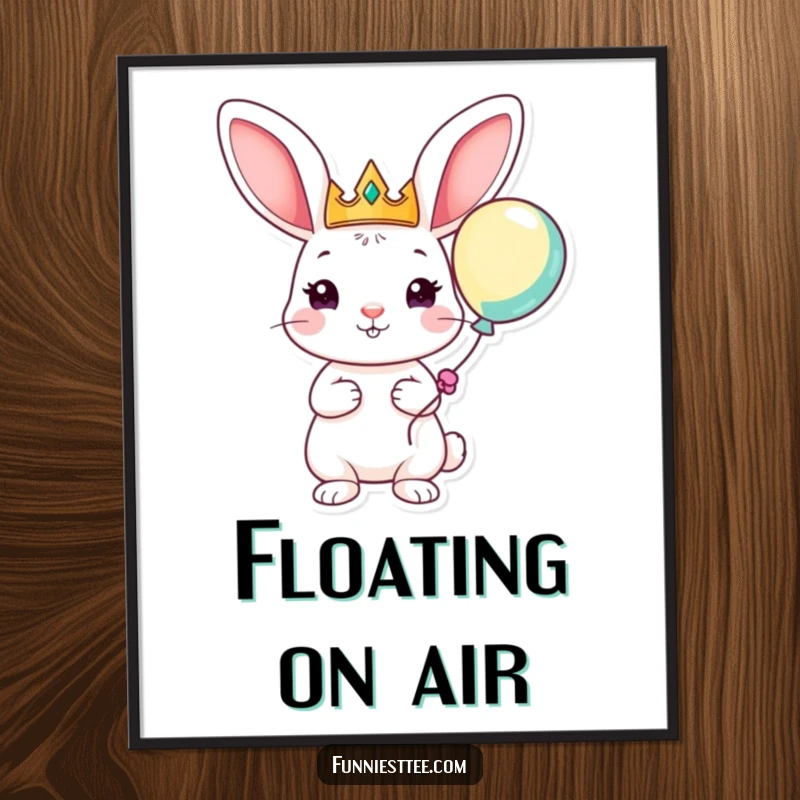 Funny digital art print of a playful rabbit with a crown and balloon, symbolizing whimsical royalty and contagious, joyful celebration.
