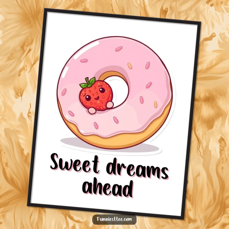 Funny Digital Art Print: A shy strawberry peeking from behind a large, giggling donut, a delightful and humorous scene.