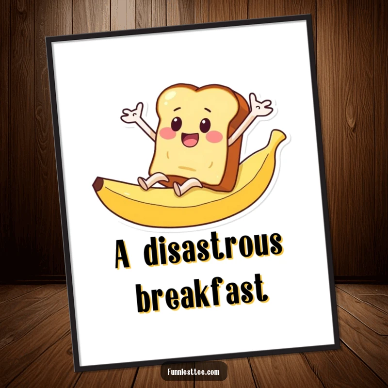 Funny digital art print of a slice of toast with arms flailing as it slides down a banana peel.