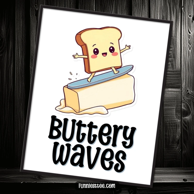Funny digital art print of a determined toast character surfing a colossal pat of butter, capturing a whimsical and humorous breakfast scene.