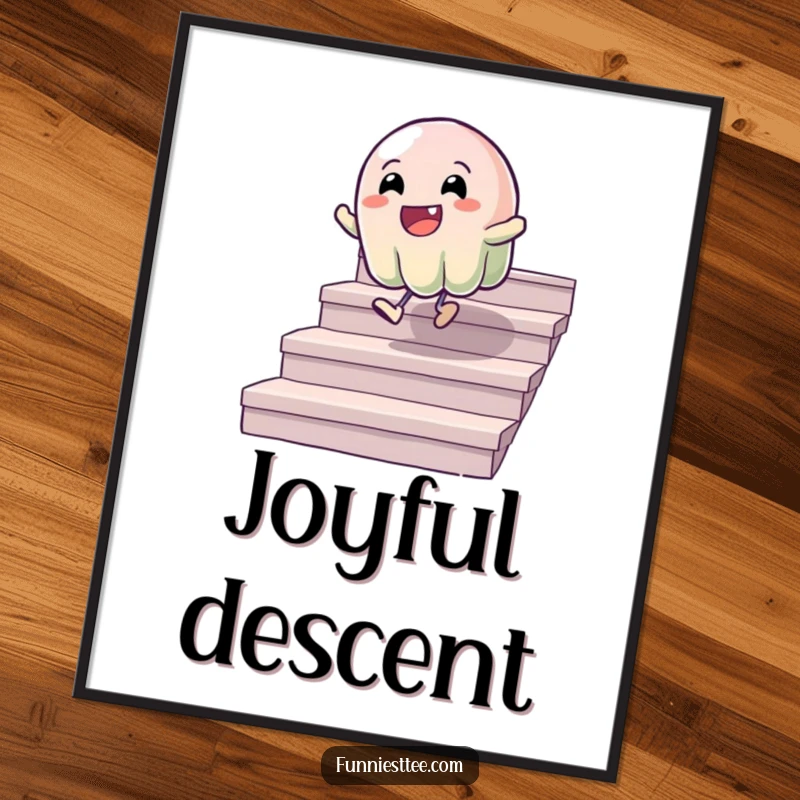 Funny digital art print of a wobbly jelly character gleefully bouncing down a set of stairs, capturing a moment of pure, humorous delight.