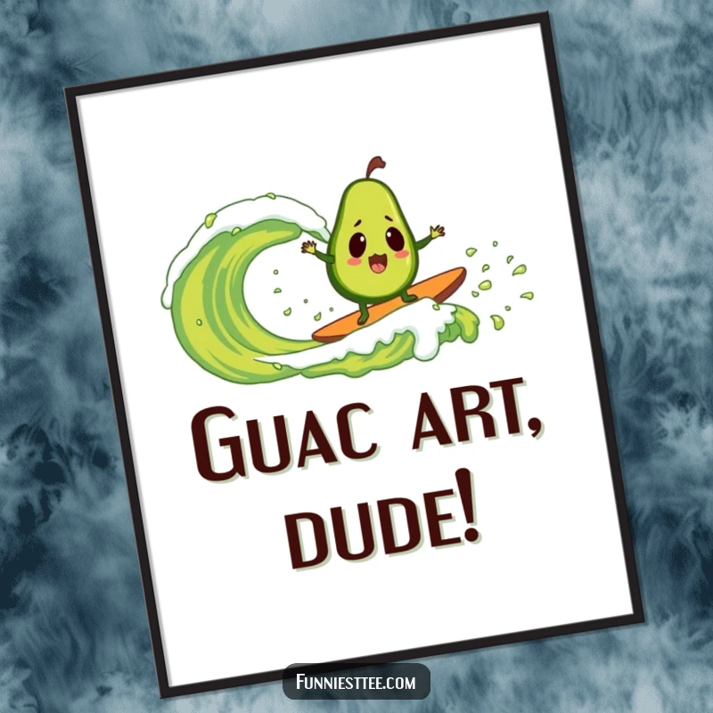 Funny digital art print of a shocked avocado riding a huge guacamole wave, bringing vibrant humor and surf energy to any room.