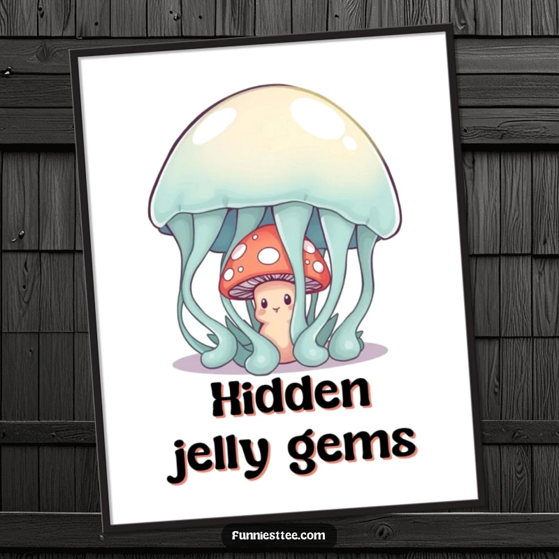 Funny shy mushroom character peeking from behind a large, wobbly jelly on a digital art print, a heartwarming and humorous piece.