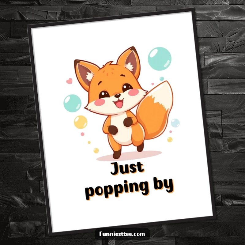 Funny digital art of a cheerful fox with a wagging tail, joyfully chasing iridescent bubbles at a vibrant party.