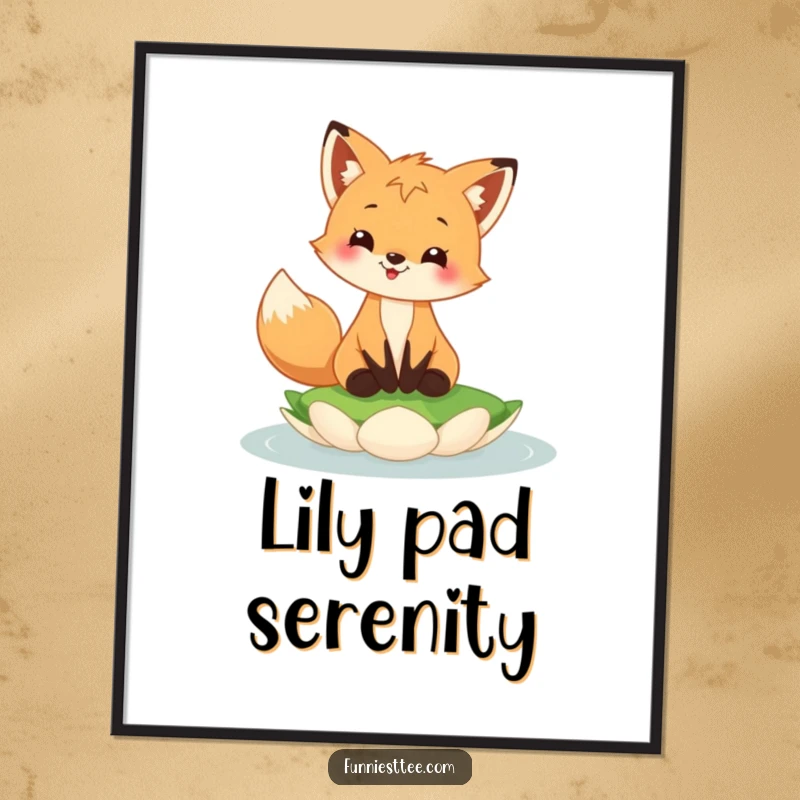 Funny fox cub digital art print of a happy fox cub grinning, balancing on a floating lily pad, whimsical wall decor.