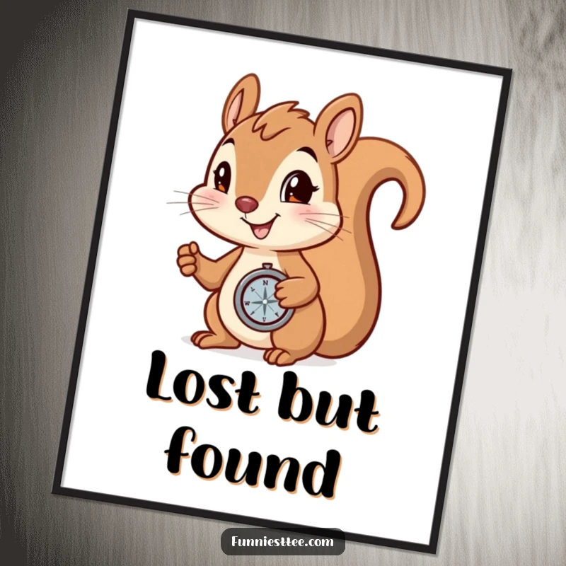 Funny Digital Art Print: Smiling squirrel holding a compass, determined to find a hidden nut, ideal for adventurous decor.