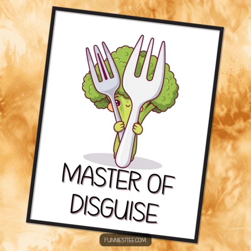 Funny digital art print of a shy broccoli character hiding behind a large fork and spoon, capturing a humorous and endearing moment.