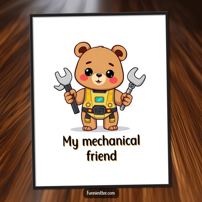 Funny Bear Digital Art Print: A cheerful bear holds a wrench and proudly displays a half-built robot, humorous decor.