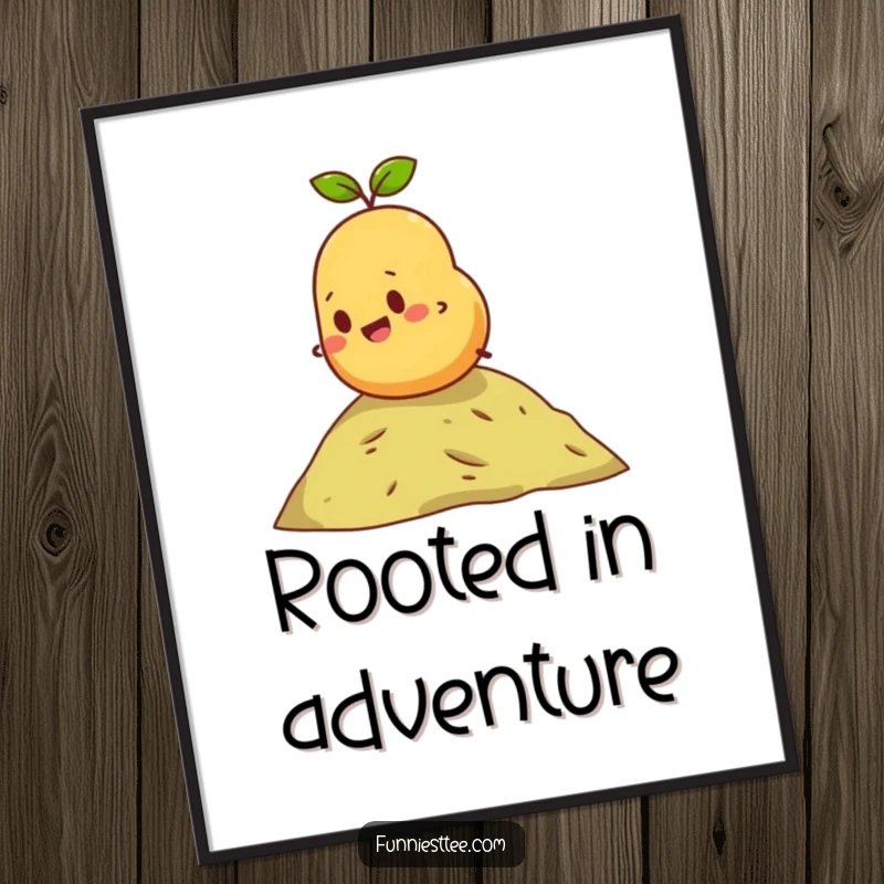 Funny digital art print of a happy, determined potato energetically rolling down a small hill, capturing a moment of pure, joyful adventure.