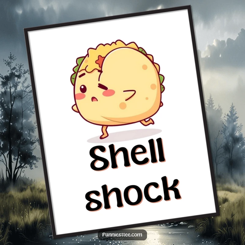 Funny digital art print of a determined taco character tripping over its shell, capturing a hilarious moment of ambition and comedy.