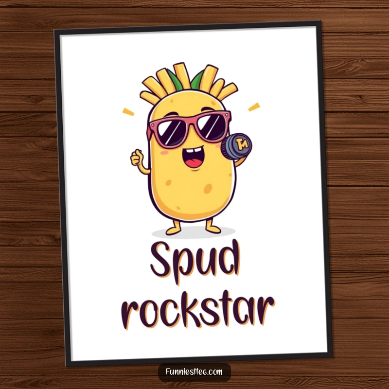 Funny potato digital art print of a potato character in sunglasses holding a French fry mic, striking a rockstar pose.