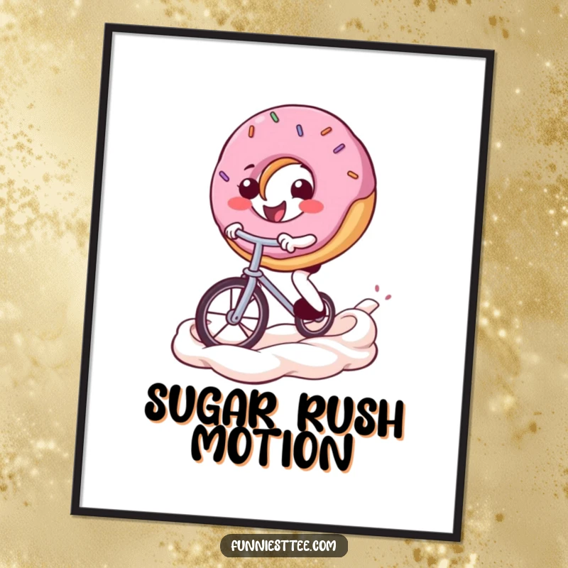 Funny donut digital art print of a smiling donut character riding a unicycle on a frosting swirl, perfect for printable wall decor.