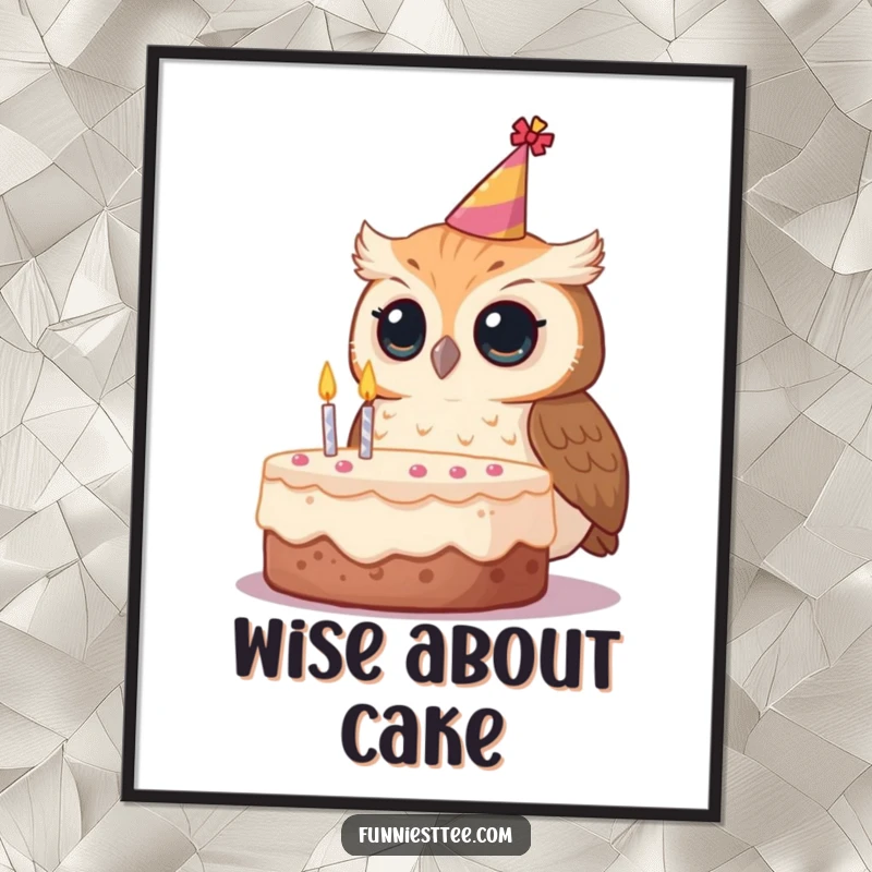 Funny owl birthday digital art print, a curious owl in a tilted party hat looking at a birthday cake.