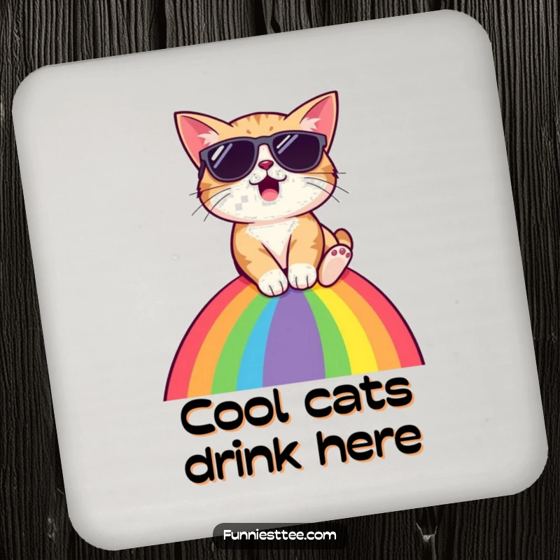 Funny cat wearing sunglasses, sliding down rainbow, decorative coaster, adding charm and humor, perfect small gift.