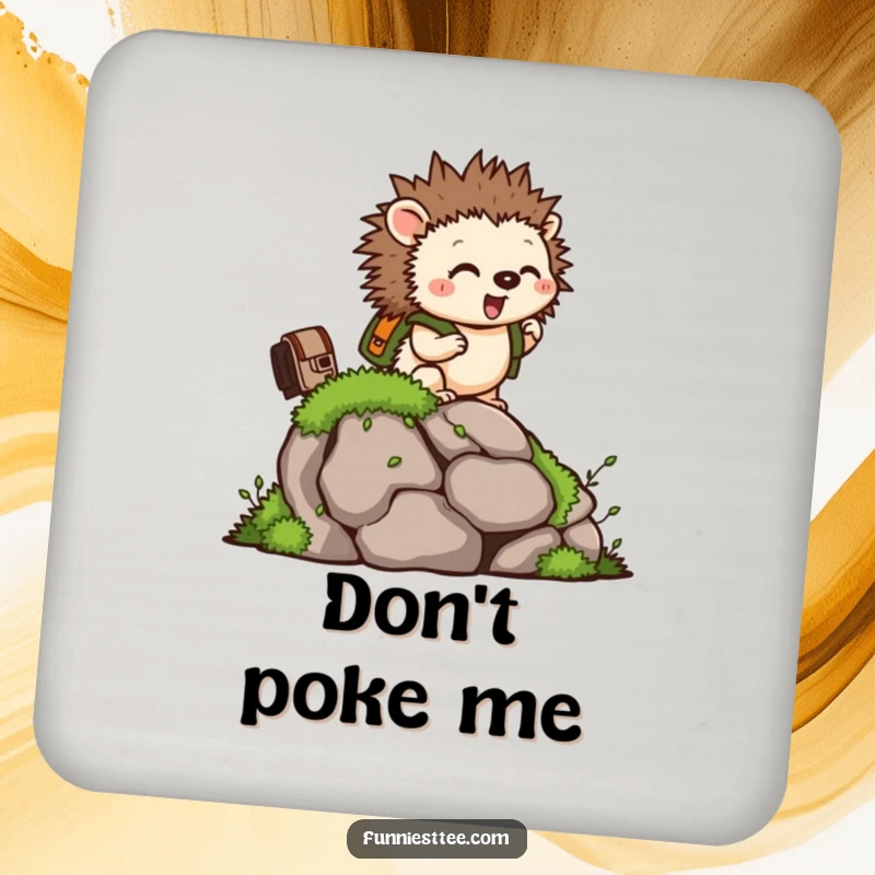 Funny drink coaster featuring a tiny hedgehog with a backpack, climbing a mossy rock, protecting surfaces.
