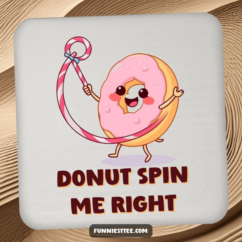 Funny drink coasters showcasing a donut hula hooping with a licorice whip, adding a splash of color and humor to any surface.