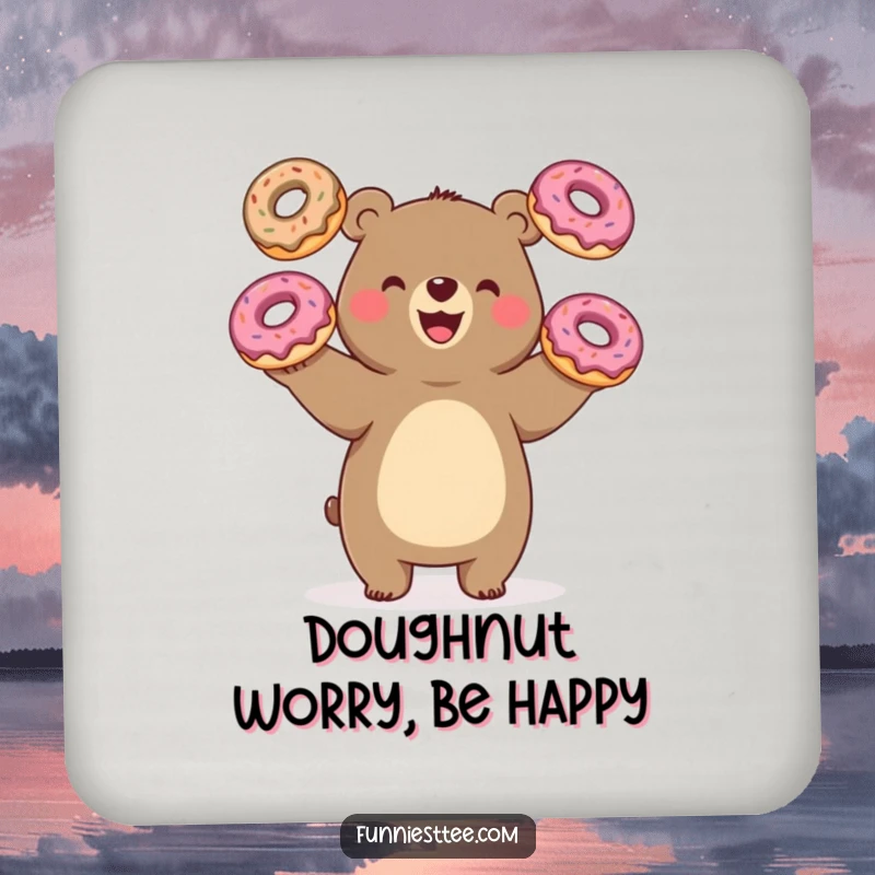Funny bear juggling donuts, oversized treats, decorative coaster, adding charm and humor, perfect small gift.