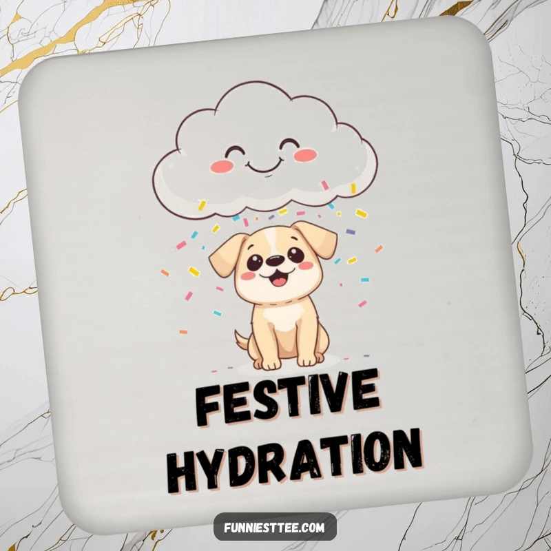 Funny Coaster design: a smiling cloud raining colorful confetti onto a small, wide-eyed, surprised dog, adding cheer to drinks.