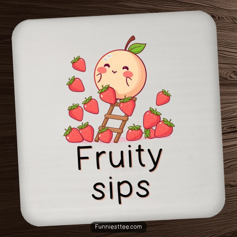 Funny drink coaster showing a blushing peach climbing a strawberry ladder, a humorous and charming accessory for any beverage.