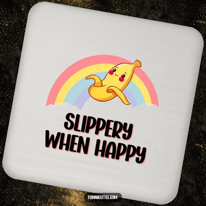 Funny Banana Rainbow Coaster featuring a cheerful banana peel sliding gleefully down a rainbow, protecting surfaces with humor.