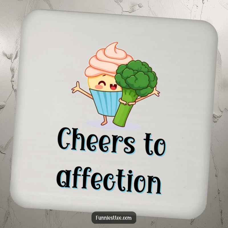 Funny drink coasters featuring a happy cupcake with frosting arms outstretched, attempting to hug a grumpy broccoli, a sweet table protector.
