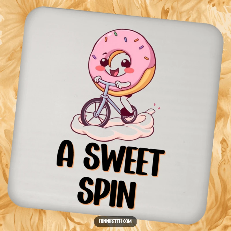 Funny donut coaster featuring a smiling donut character balancing on a unicycle across a frosting swirl, adding a humorous touch to surfaces.
