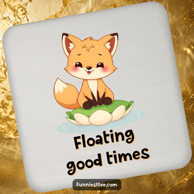 Funny fox cub drink coaster showing a happy fox cub grinning, balancing on a floating lily pad, for surface protection.