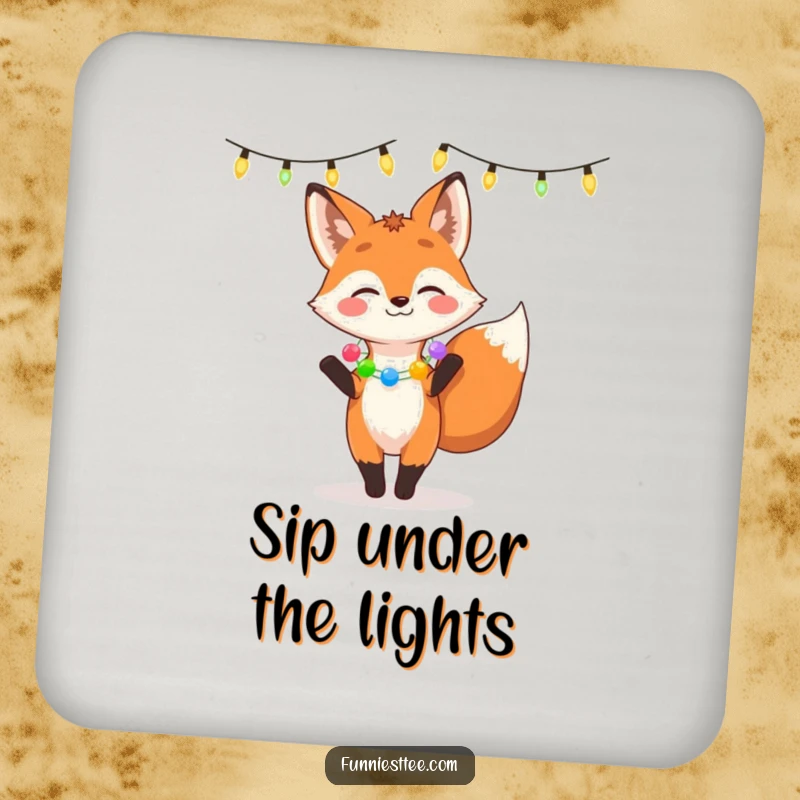 Funny drink coaster showing a giggling fox in a garland dancing under string lights, offering surface protection with a side of festive fun.
