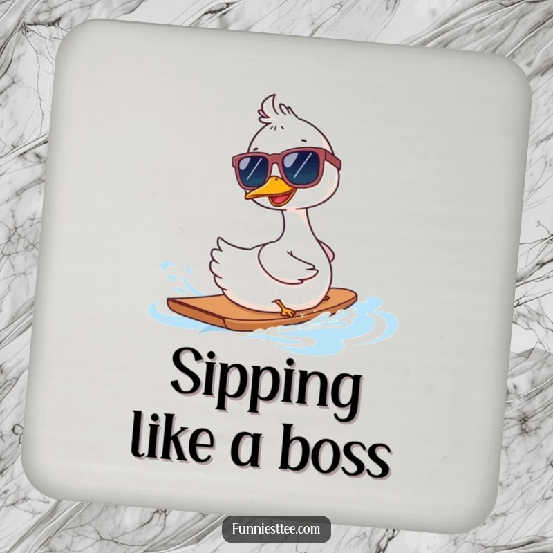 Funny goose in oversized sunglasses waterskiing backwards on a drink coaster, a humorous and protective surface saver.