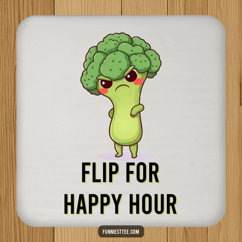 Funny grumpy broccoli coaster featuring a cute floret attempting a handstand, a humorous and practical accessory for drink protection.