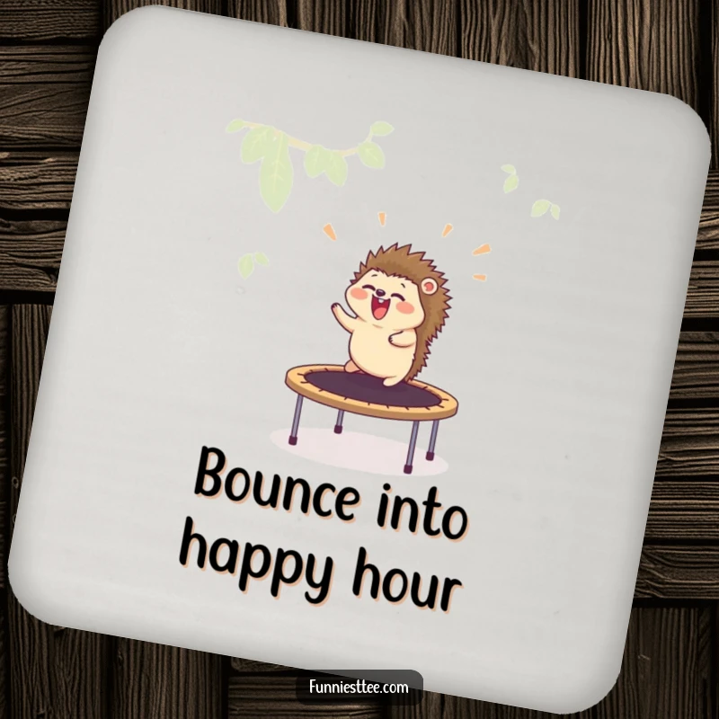 Funny drink coaster displaying a hedgehog mid-air after a trampoline launch, a whimsical accessory for protecting furniture.