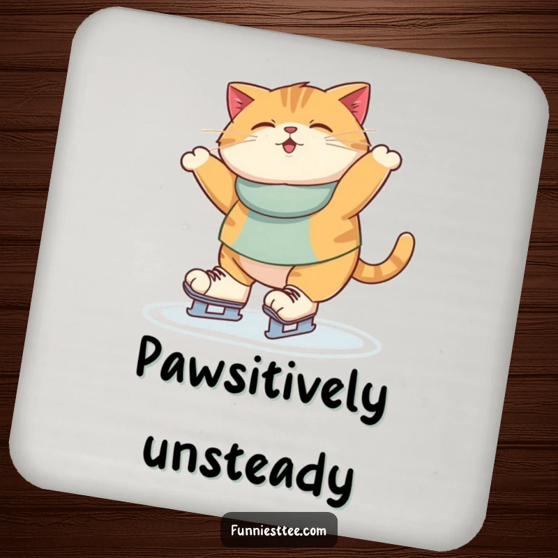 Funny Coaster design featuring a very round cat wobbling precariously on ice skates, a humorous addition to any drink.