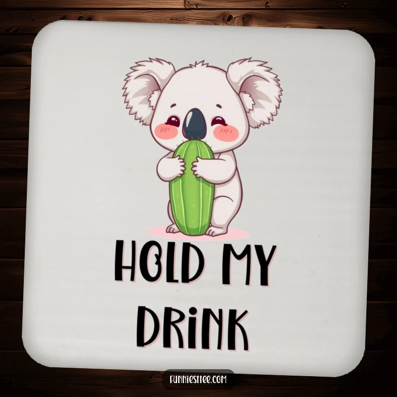 Funny koala drink coaster featuring a koala hugging a cactus, adding a touch of hilarious, protective charm to any table.