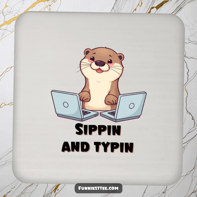 Funny smiling otter typing with two paws on multiple laptops simultaneously, busy animal humor on drink coasters.