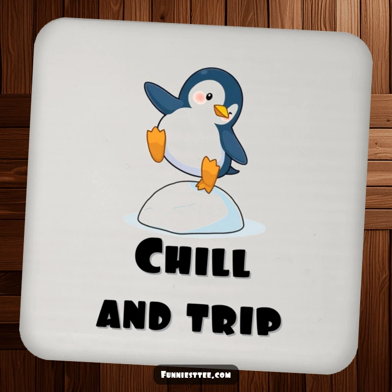 Funny Penguin Trip Coaster: A penguin dramatically trips over a single icy pebble, protecting surfaces humorously.