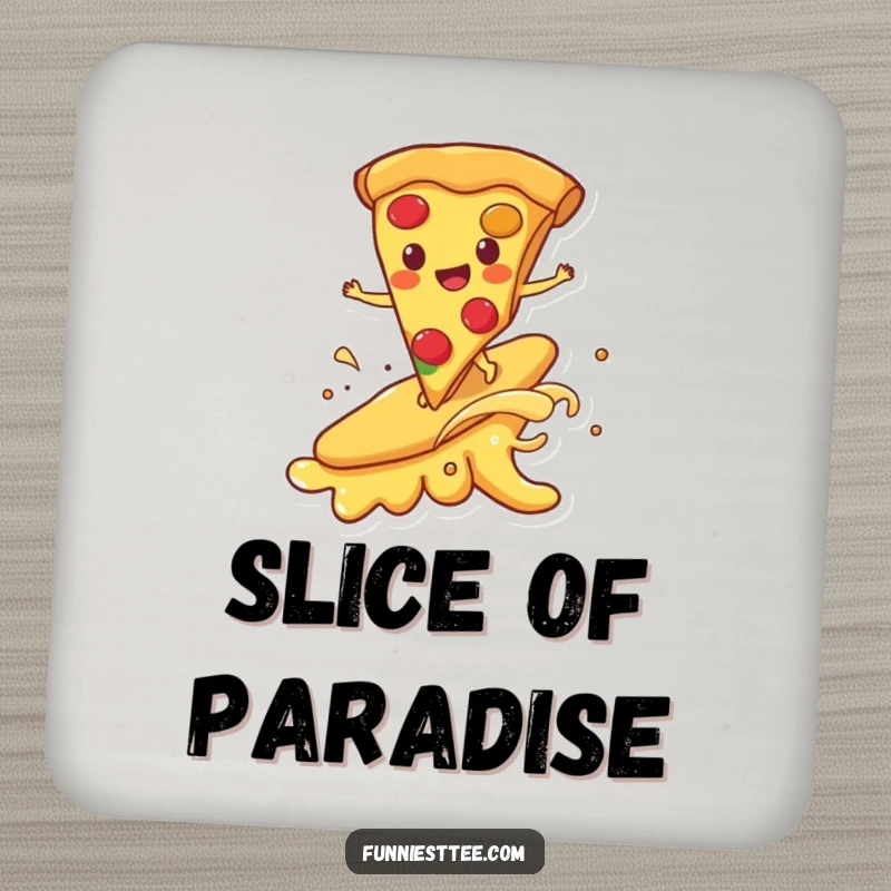 Funny drink coaster showing a happy pizza slice surfing on a melting cheese wave, adding a humorous and delicious food-themed touch to surface protection.