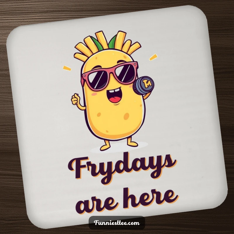 Funny potato coaster featuring a cool potato character in sunglasses holding a French fry mic, adding humor to surfaces.