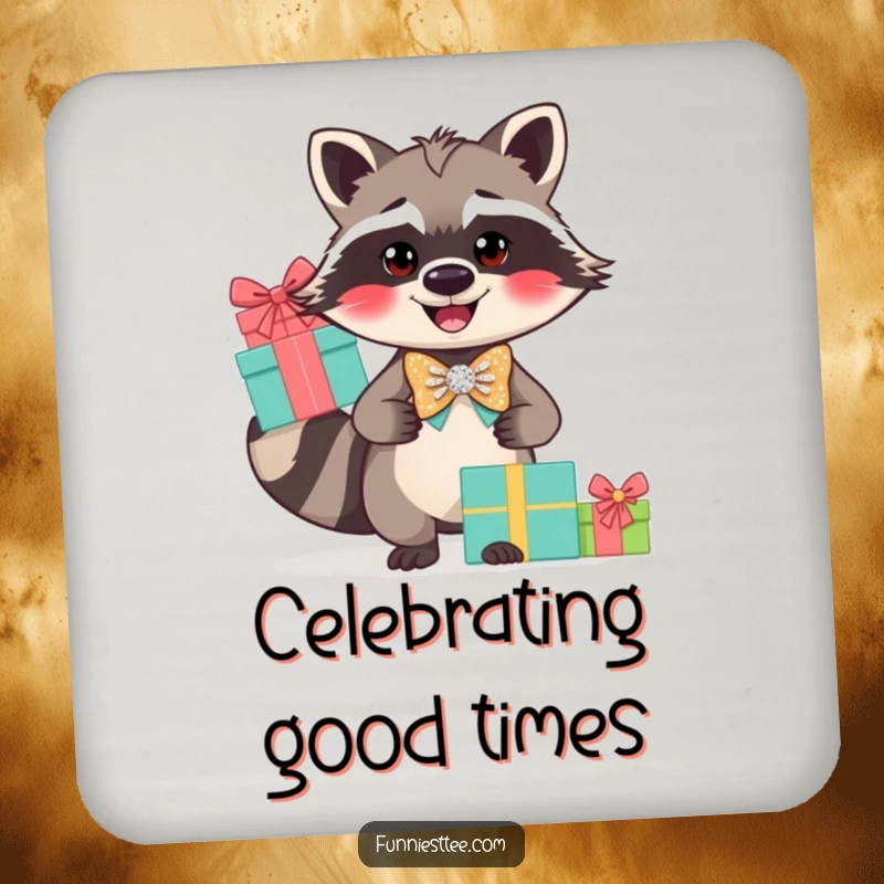Funny raccoon coaster, a smiling raccoon in a sparkly bow tie balancing gifts, protecting surfaces.