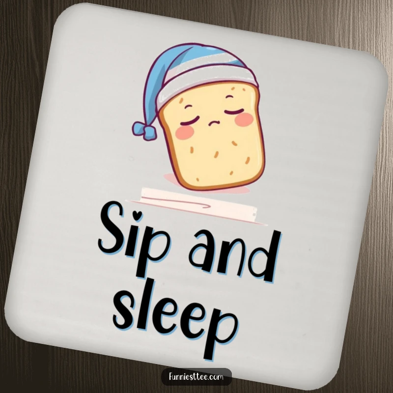 Funny drink coasters featuring a sleepy bread loaf wearing a nightcap, humorously falling off a shelf, a charming table protector.