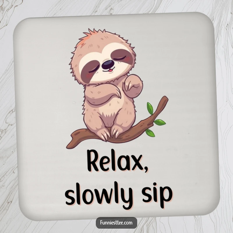 Funny drink coasters showing a sleepy sloth comically tangled in its limbs while attempting to breakdance on a branch, protecting surfaces humorously.
