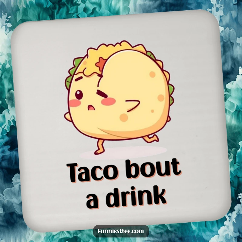 Funny drink coasters featuring a determined taco character tripping over its shell, offering humorous protection for beverages with a fun design.