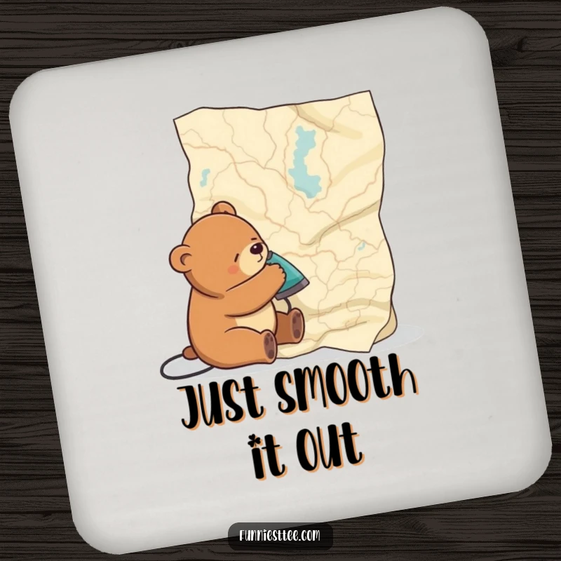 Funny drink coasters showcasing a sleepy bear ironing a large map, adding a touch of humor and personality to tabletops.