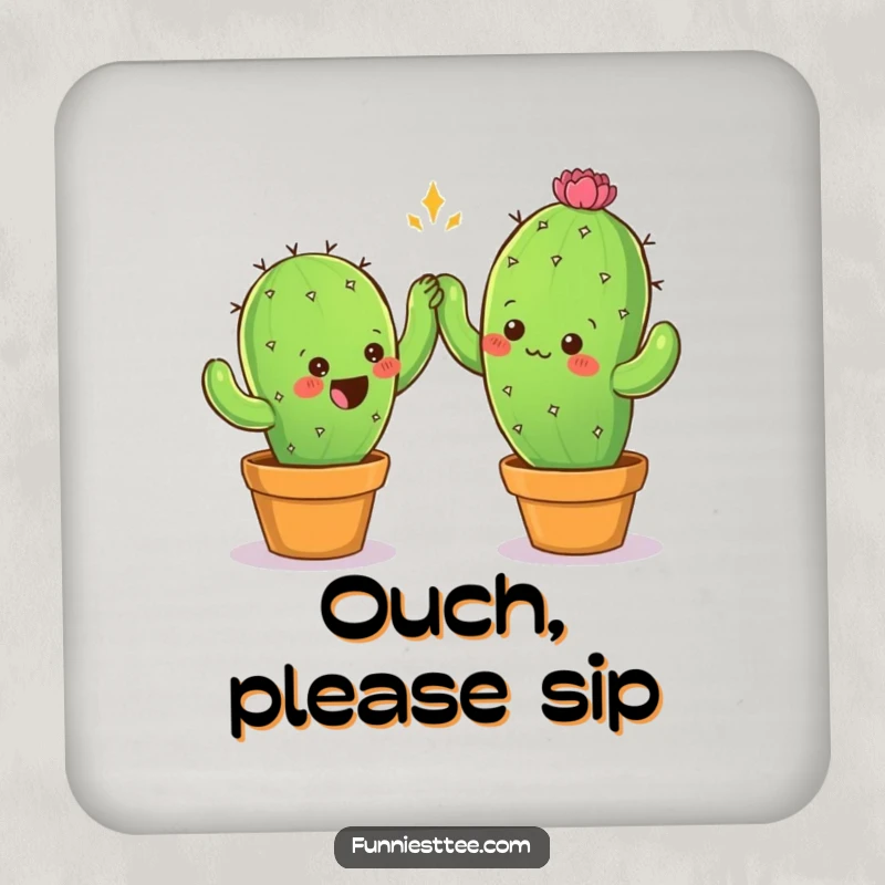 Funny drink coaster with two prickly cactus characters attempting a careful high-five, providing laughs and surface protection.